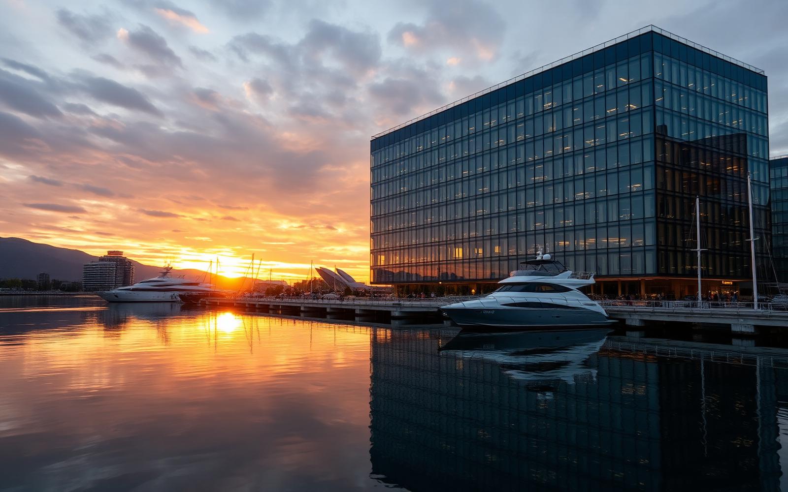 Corporate maritime headquarters at dusk